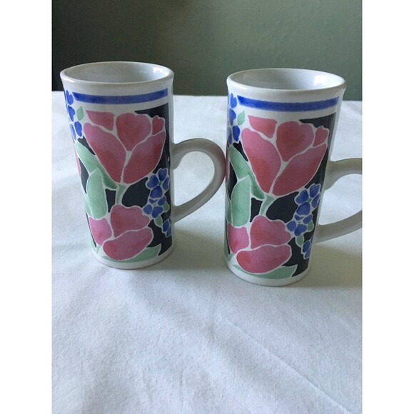 GANZ Vintage LIBBY'S GARDEN 2 Espresso Cappuccino Ceramic Cups Flower Design 5oz - Picture 1 of 4